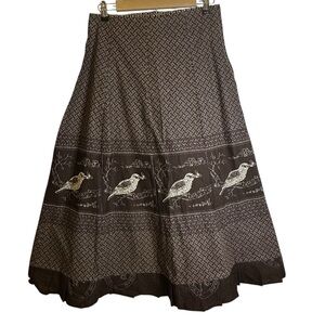 Vintage Handmade Bird Novelty Print Brown White‎ Patterned Skirt Side Zip Small